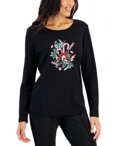 Women's Long-Sleeve Holiday Top Black $10.07 Tops