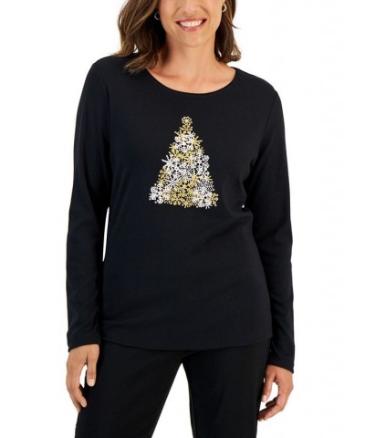 Women's Long-Sleeve Holiday Top Black $10.07 Tops