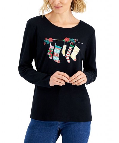 Women's Long-Sleeve Holiday Top Black $10.07 Tops