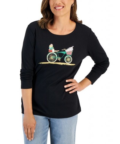 Women's Long-Sleeve Holiday Top Black $10.07 Tops