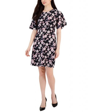 Women's Floral-Print Round-Neck Sheath Dress Black $19.14 Dresses