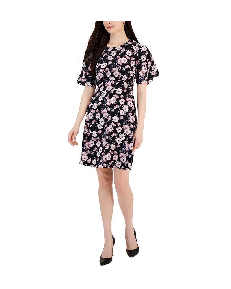 Women's Floral-Print Round-Neck Sheath Dress Black $19.14 Dresses