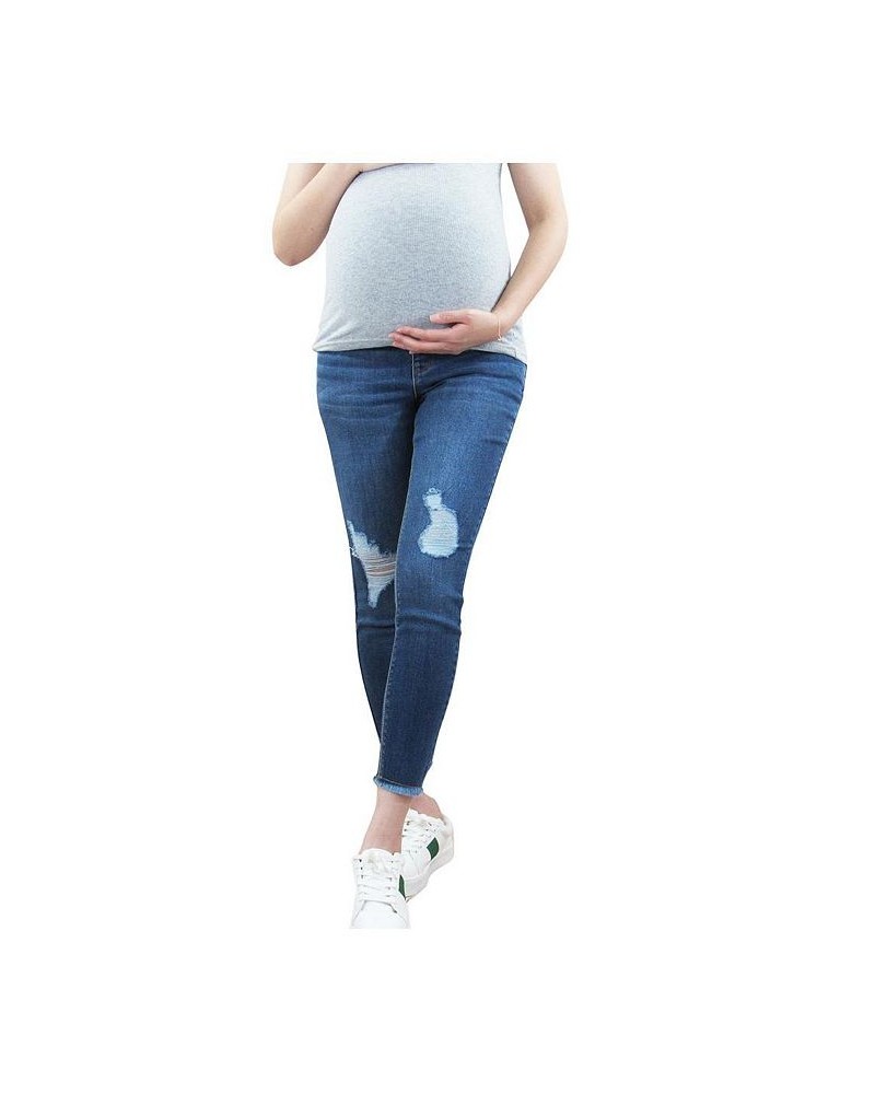 Fray Ankle Skinny Maternity Jean with Belly Band Blue $18.58 Jeans