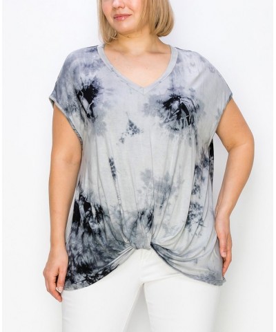 Plus Size Hand Tie Dye V-Neck Twist Front Top Gray/Black $18.98 Tops