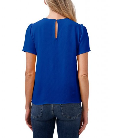 Women's Pin-tucked Short Sleeve Blouse Top Blue $28.77 Tops