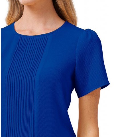 Women's Pin-tucked Short Sleeve Blouse Top Blue $28.77 Tops