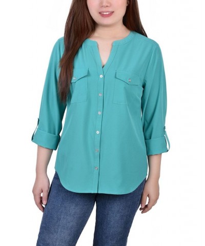 Petite Size 3/4 Sleeve Roll Tab Y-neck Blouse Blue $13.23 Tops