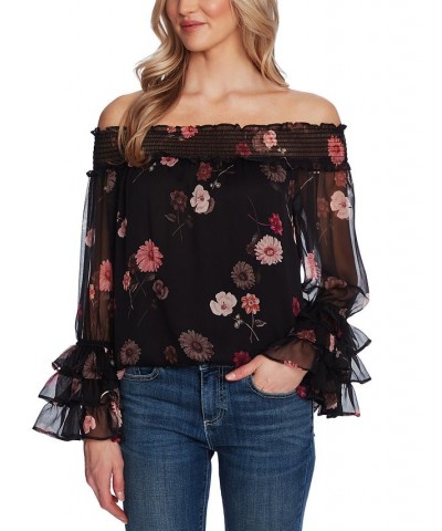 Women's Printed Off-The-Shoulder Ruffled-Sleeve Top Rich Black $47.52 Tops