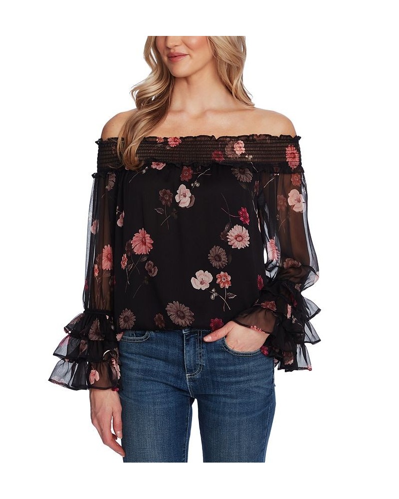 Women's Printed Off-The-Shoulder Ruffled-Sleeve Top Rich Black $47.52 Tops