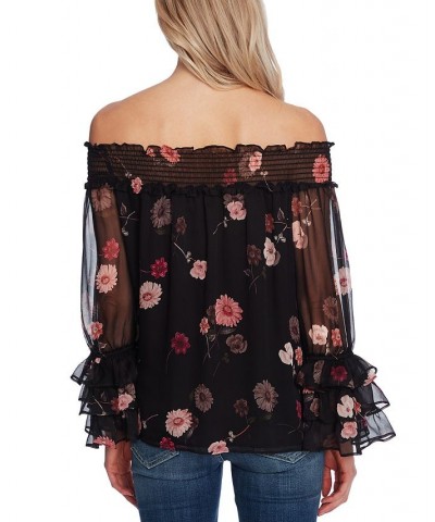 Women's Printed Off-The-Shoulder Ruffled-Sleeve Top Rich Black $47.52 Tops