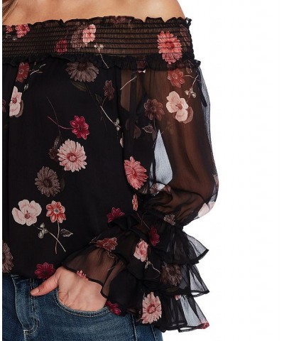 Women's Printed Off-The-Shoulder Ruffled-Sleeve Top Rich Black $47.52 Tops