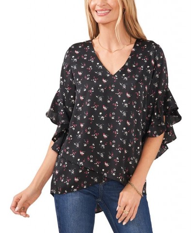 Women's Printed Ruffled-Sleeve Overlap Hem Blouse Rich Black $26.98 Tops