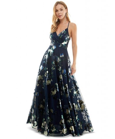 Juniors' Strappy Floral Metallic Mesh Gown Navy/Silver $67.60 Dresses