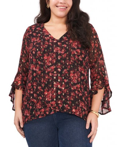 Plus Size Printed Flutter-Sleeve Top Rich Black $30.35 Tops