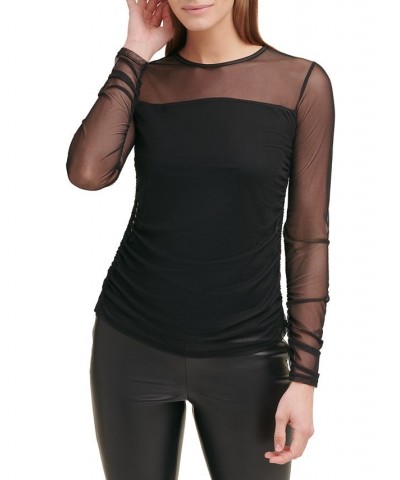 Women's Solid Sheer-Sleeve Crewneck Mesh Top Black $31.57 Tops