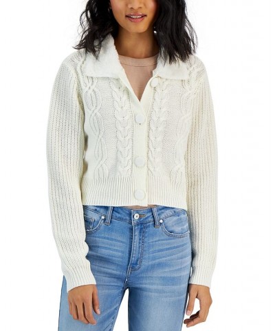 Juniors' Cable-Knit Faux-Fur Collar Cardigan White $12.60 Sweaters