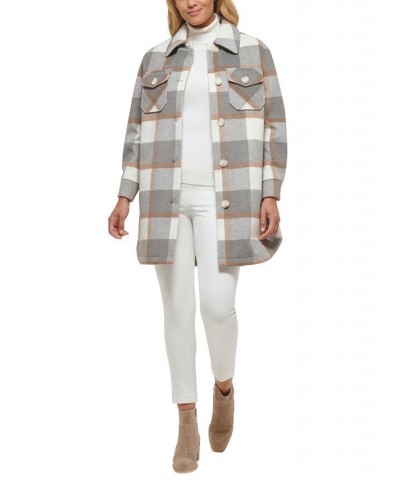 Women's Oversized Shirt Jacket Plaid Grey/Ivory/Camel $93.10 Coats