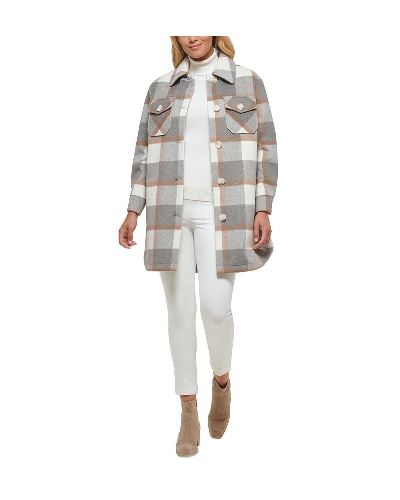 Women's Oversized Shirt Jacket Plaid Grey/Ivory/Camel $93.10 Coats