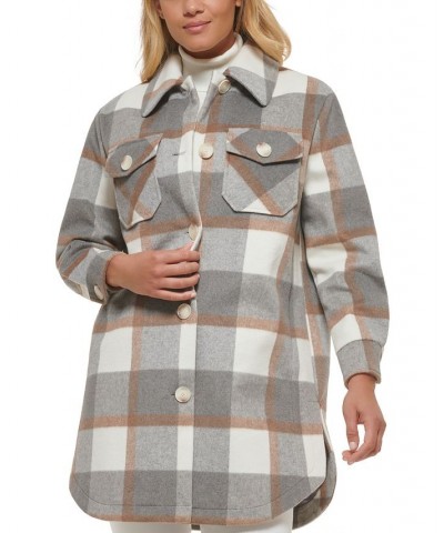 Women's Oversized Shirt Jacket Plaid Grey/Ivory/Camel $93.10 Coats