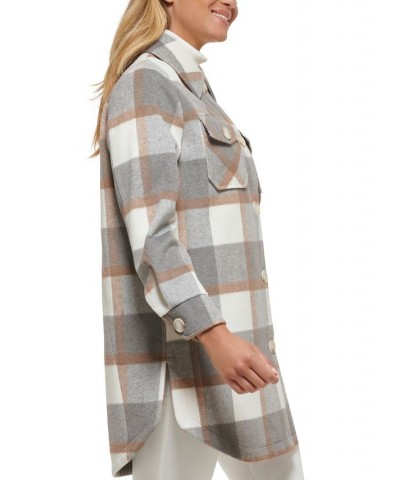 Women's Oversized Shirt Jacket Plaid Grey/Ivory/Camel $93.10 Coats