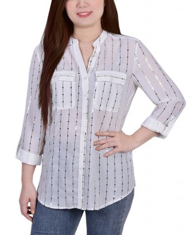 Petite Size 3/4 Sleeve Roll Tab Blouse with Metallic Details Top White $18.60 Tops