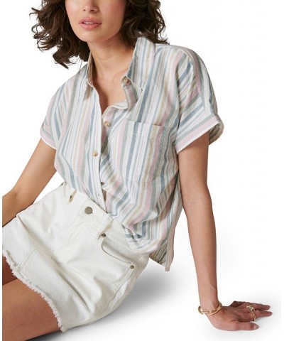 Women's Striped Relaxed Workwear Shirt Green Multi $32.60 Tops