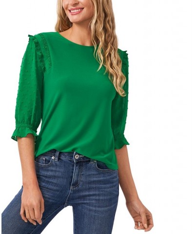 Women's Ruffle Mixed-Media Elbow Sleeve Blouse Green $19.18 Tops