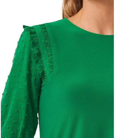 Women's Ruffle Mixed-Media Elbow Sleeve Blouse Green $19.18 Tops