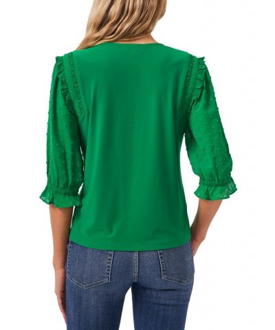 Women's Ruffle Mixed-Media Elbow Sleeve Blouse Green $19.18 Tops