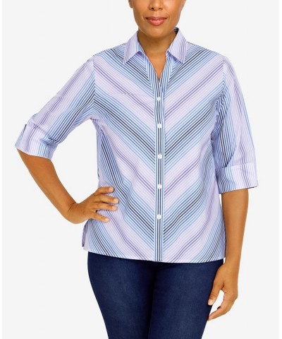 Petite Classics Mitered Stripe Button Down Top Blue $32.67 Tops