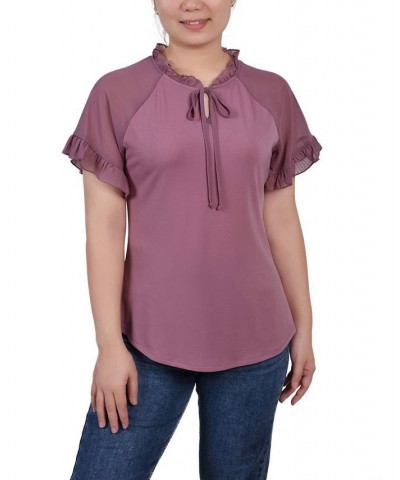 Petite Chiffon Short Ruffled Sleeve Crepe Knit Top Lilas $13.95 Tops