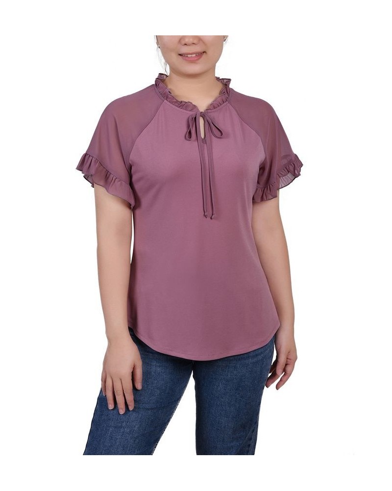 Petite Chiffon Short Ruffled Sleeve Crepe Knit Top Lilas $13.95 Tops