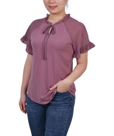 Petite Chiffon Short Ruffled Sleeve Crepe Knit Top Lilas $13.95 Tops