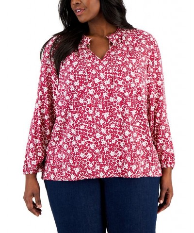 Plus Size Ruffled Tie-Neck Floral Peasant Top Ivory/Persian $24.88 Tops