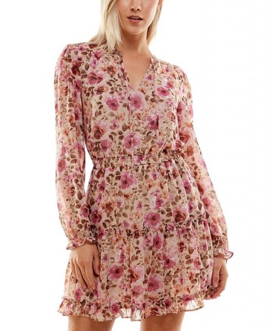 Juniors' Printed Long-Sleeve Fit & Flare Dress Taupe Fuschia $33.63 Dresses