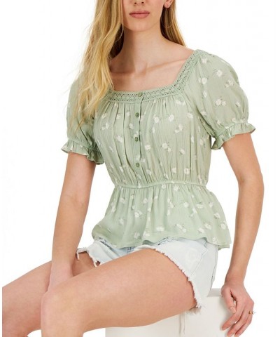 Juniors' Crochet-Trim Short-Sleeve Peplum Top Green $13.00 Tops