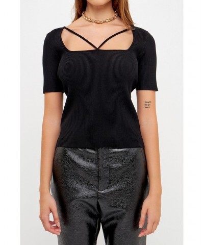 Women's Cut-out Detail Short Sleeve Knit Top Black $32.80 Tops