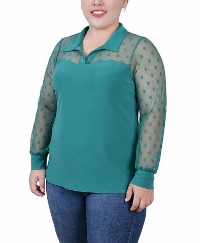 Plus Size Mesh Long Sleeve Top Pepper Green $15.77 Tops