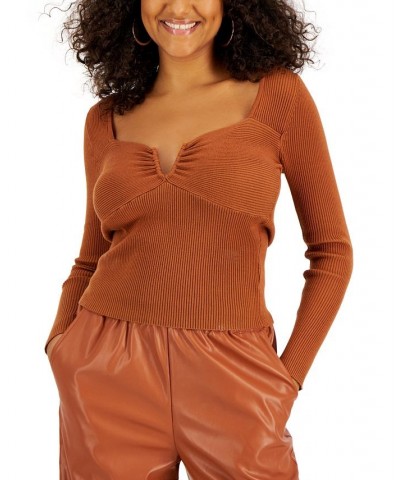 Women's Ribbed-Knit Long-Sleeve Split-Neck Top Rust $21.68 Tops