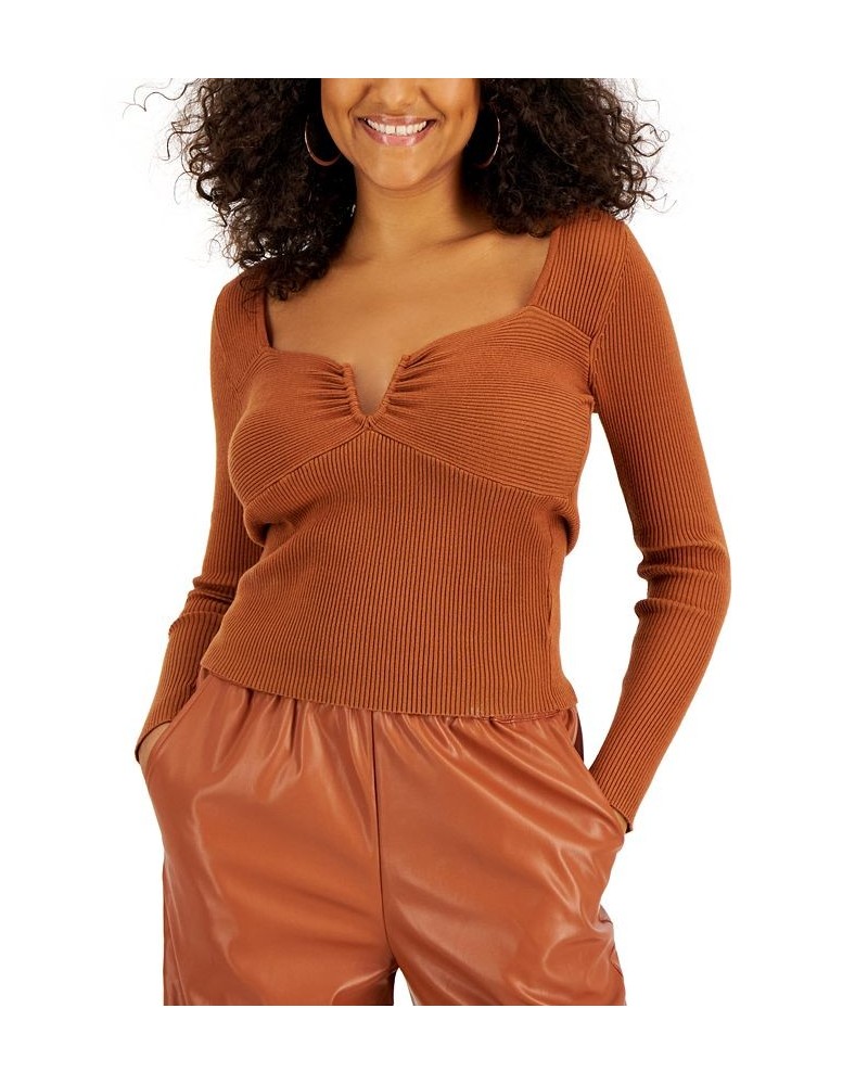 Women's Ribbed-Knit Long-Sleeve Split-Neck Top Rust $21.68 Tops