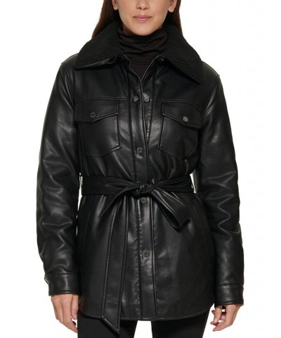 Women's Belted Faux-Leather & Faux-Fur-Trim Shirt Jacket Black $68.60 Coats