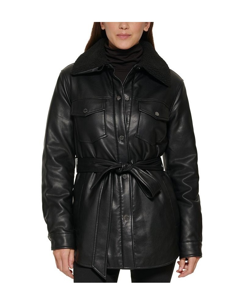 Women's Belted Faux-Leather & Faux-Fur-Trim Shirt Jacket Black $68.60 Coats