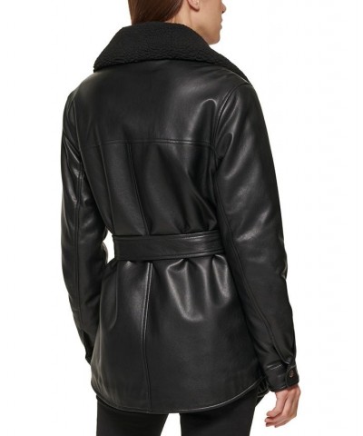 Women's Belted Faux-Leather & Faux-Fur-Trim Shirt Jacket Black $68.60 Coats