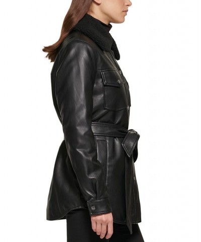 Women's Belted Faux-Leather & Faux-Fur-Trim Shirt Jacket Black $68.60 Coats