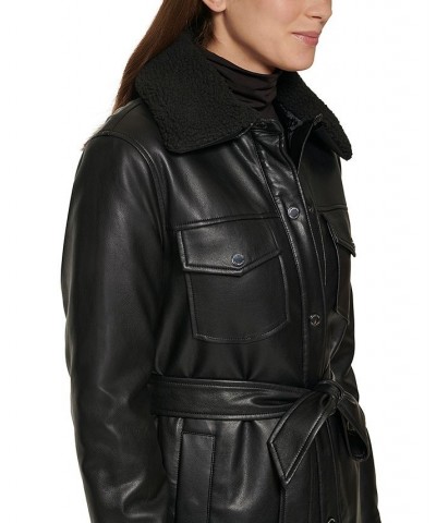 Women's Belted Faux-Leather & Faux-Fur-Trim Shirt Jacket Black $68.60 Coats