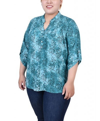 Plus Size 3/4 Roll Tab Sleeve Smocked-Yoke Top Etch Green $11.97 Tops