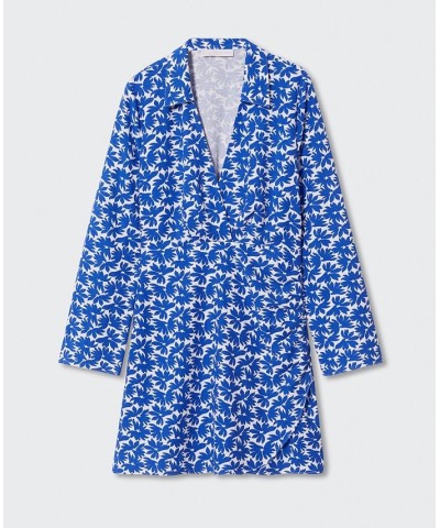 Women's Floral Long Sleeve Shirt Dress Blue $41.40 Dresses