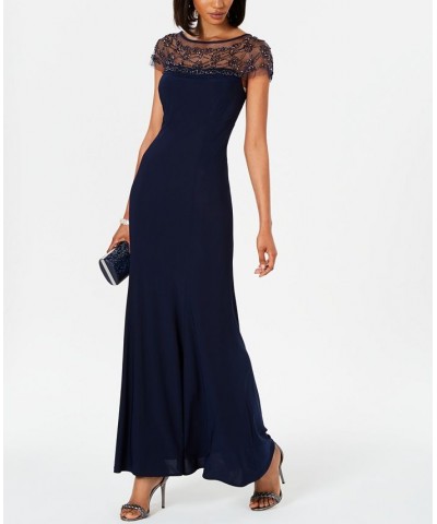 Women's Illusion Beaded-Trim A-Line Gown Blue $71.55 Dresses