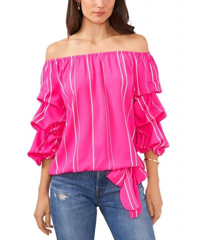 Women's Striped Balloon-Sleeve Off-The-Shoulder Top Pink $40.29 Tops