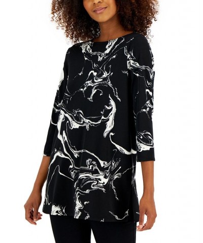 Women's Boat-Neck 3/4-Sleeve Printed Tunic Marble Essence Deep Black $15.99 Tops